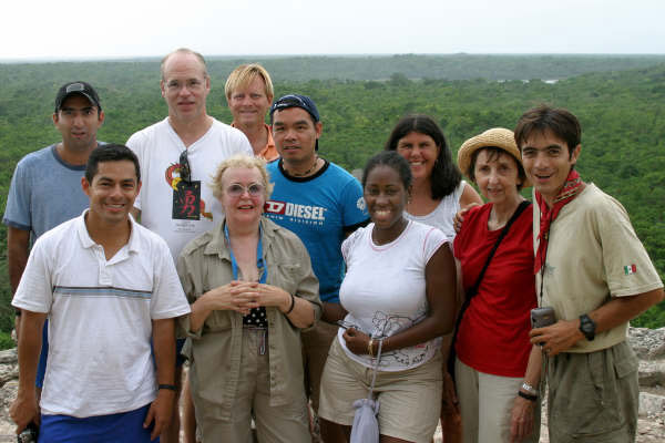 Group at top of Coba's Nohoch Muul, the tallest pyramid in the northern Yuccatan peninsula