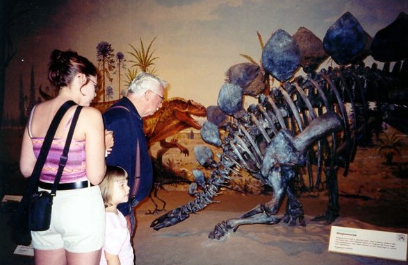 Jade, her Mommy and Grandfather look at dinosaur exhibits in the Tyrrell Museum, Drumheller, Alberta