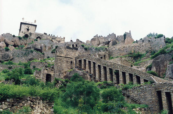 The long Ascent to the Bulahisssar at the summit of Golconda Fort India
