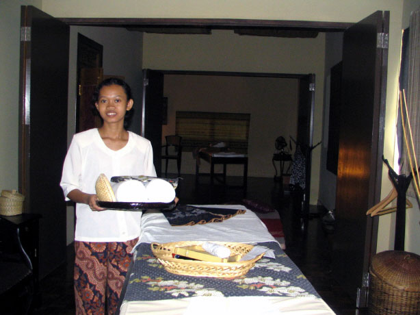 Rose with her tray of soothing cloths, Villa Manja, Kuala Lumpur.  Picture by Barbara Kingstone.