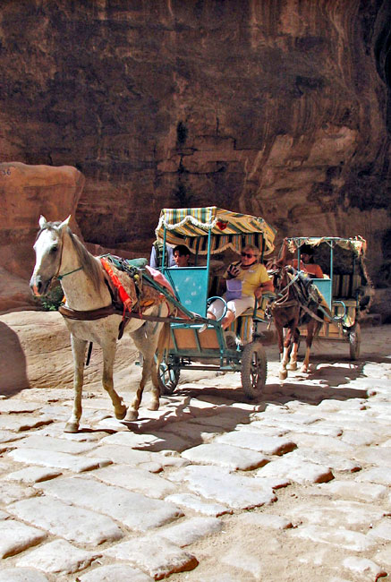 Carriages are used to carry people who are unable to walk the distance into Petra.  Picture by Margaret Deefholts