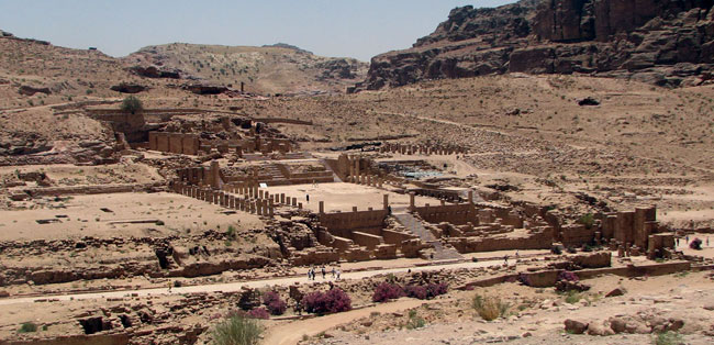 Oasr Al-Bint Temple can be seen from the Byzantine Church in Petra, Jordan.  Phot by Margaret Deefholts