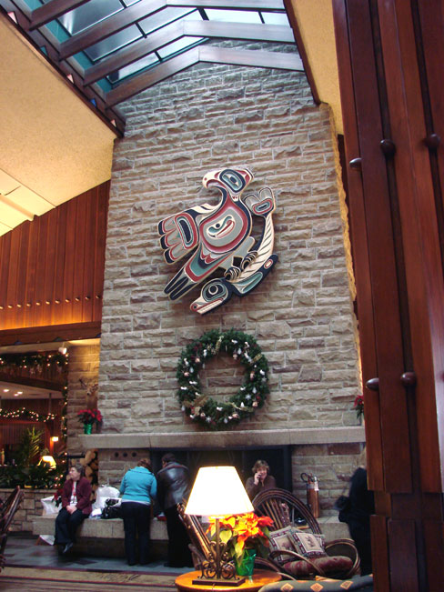 Massive fireplace in Great Hall of Jasper Park Lodge.   Photo by M. Maxine George