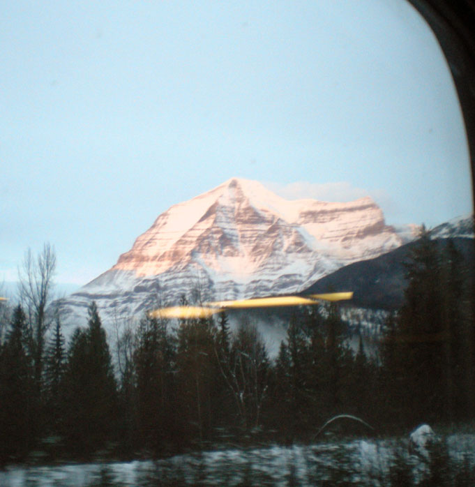 Mount Robson, highest peak in Canadian Rockies as seen from VIA Rail train.   Picture by M. Maxine George
