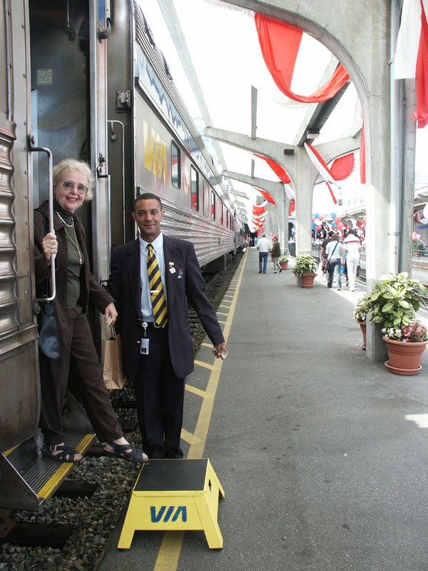 Maxine George boarding VIA Rail train in Vancouver.  Photo courtesy of Ursula Maxwell-Lewis
