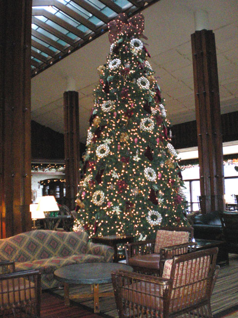Christmas tree in Great Hall of Jasper Park Lodge.  Photo by M. Maxine George