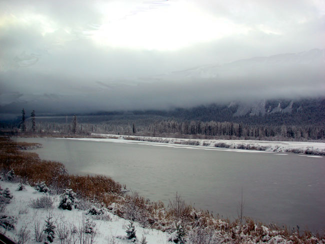 Overcast sky and fresh snow along VIA Rail route to Jasper  Photo by M. Maxine George