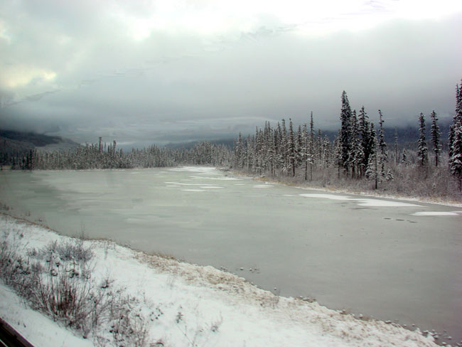 Snowy scene as seen from VIA Rail on the way to Jasper.  Photo by M. Maxine George