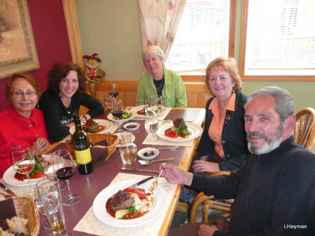 Lenora Hayman, Baila Lazarus, Peggy Amendola, Barb Rees, Jim Kemshead at Aurora Inn, Dawson City, Yukon.