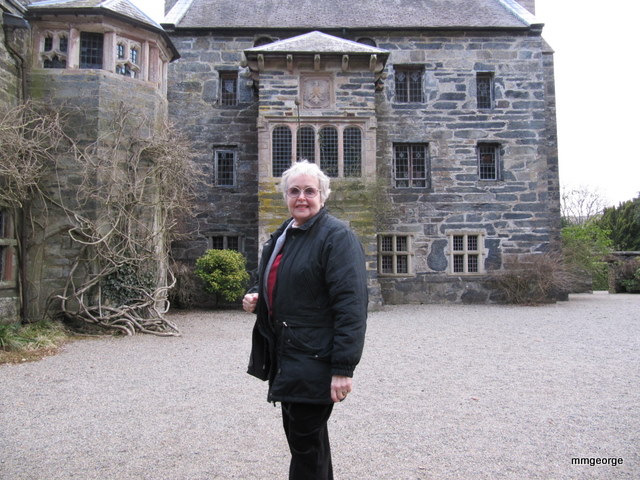 Maxine George in courtyard in front of the Solar Tower, Gwydir Castle.   Photo courtesy of M. M. George