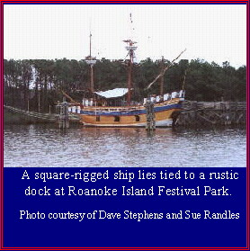 A square-rigged ship tied to a rustic dock.