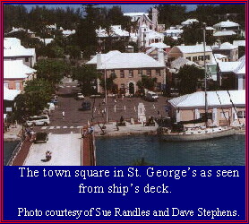 The town square in St. George's lies beyond the deck of the Norwegian Majesty.