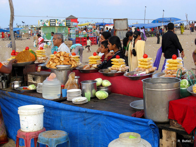 One of many snack stalls on Marina Beach at Chennai, Tamil Nadu.  Photo by Rick Butler