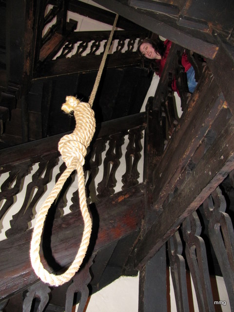 Looking at the hanging rope in stairwell at Skirrid Mountain Inn, Wales.  Photo by M. Maxine George