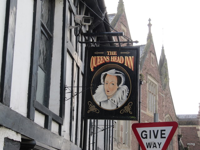Sign at the Queen's Head Inn, Monmouth, Wales    Photo by M. Maxine George