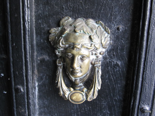 Ancient door knocker at Queens Head Hotel, Monmouth, Wales    Picture by M. Maxine George